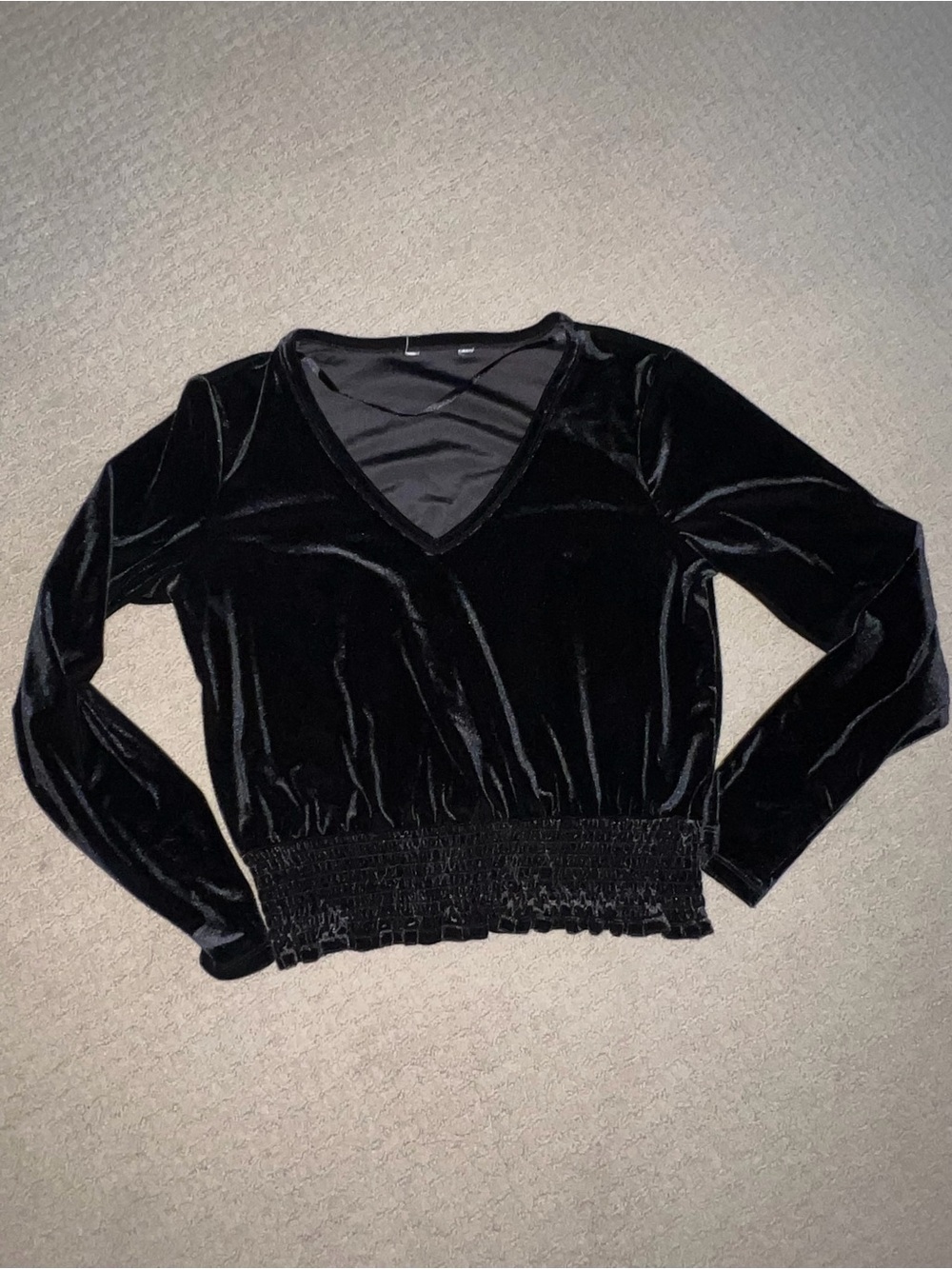 Black Velvet V-Neck Smocked Hem Velvet Feel Long Sleeve Top